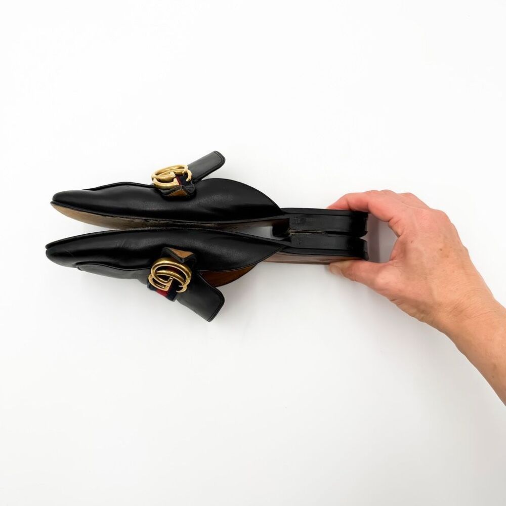 Gucci GG Web Stripe Peyton Mules Flat Slides Black Leather Loafers EU 39 US 9 - Picture 8 of 13